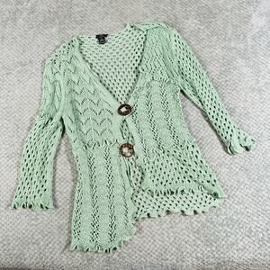 vintage y2k light green crochet boho slouchy open front cardigan knit sweater xl